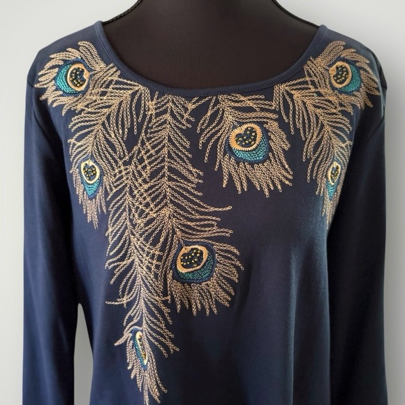 Alfred Dunner Navy Tan Embroidered Peacock Feathers Top 3/4 Sleeves Women’s M - Picture 1 of 12